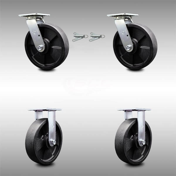 8 Inch SS Glass Filled Nylon Caster Set with Roll Bearings 2 Swivel Lock 2 Rigid